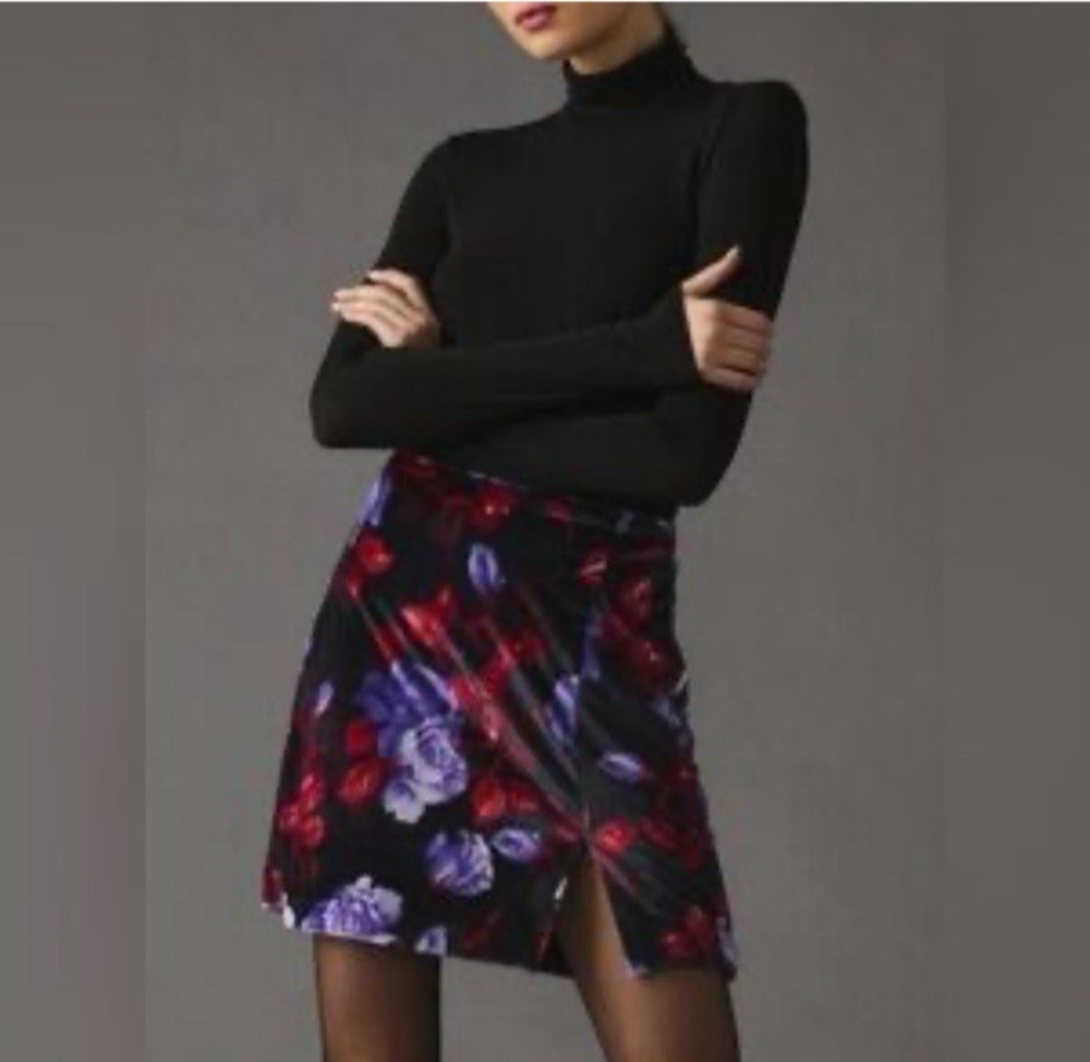 Maeve Anthropologie Velvet Micro Mini Skirt Womens Size 8 Floral Lined Slit